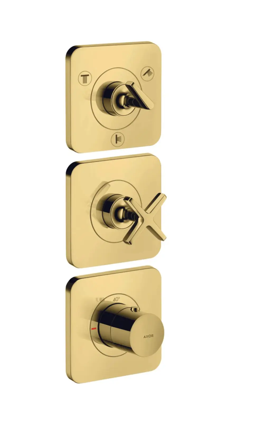 Thermostatmodul mit drei Steuerknöpfen in Polished Gold Optic, zur Unterputzmontage, von AXOR, geeignet für verschiedene Verbraucher.